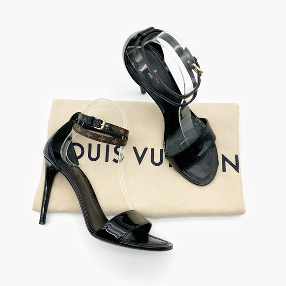 LOUIS VUITTON Fluer Call Back Black Sandal Heels Size 39 Logo Leather Monogram - Picture 2 of 13